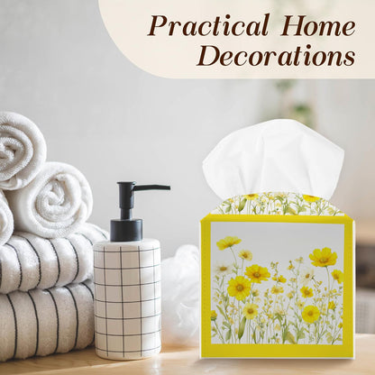 Yellow Floral Tissue Box Cover, Wildflowers Square Tissue Box Cover Leather Tissues Holder, Facial Paper Organizer Dispenser for Home Bathroom Office Bedroom Tabletop Decor -10