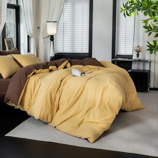 Reversible Duvet Cover Set 100% Washed Cotton Yellow Stripe Linen Feel Duvet Cover King Size with Zipper Closure & 2 Pillow Shams, Yellow/Brown Stripe Reverse Solid Brown