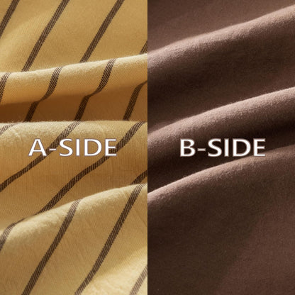 Reversible Duvet Cover Set 100% Washed Cotton Yellow Stripe Linen Feel Duvet Cover King Size with Zipper Closure & 2 Pillow Shams, Yellow/Brown Stripe Reverse Solid Brown