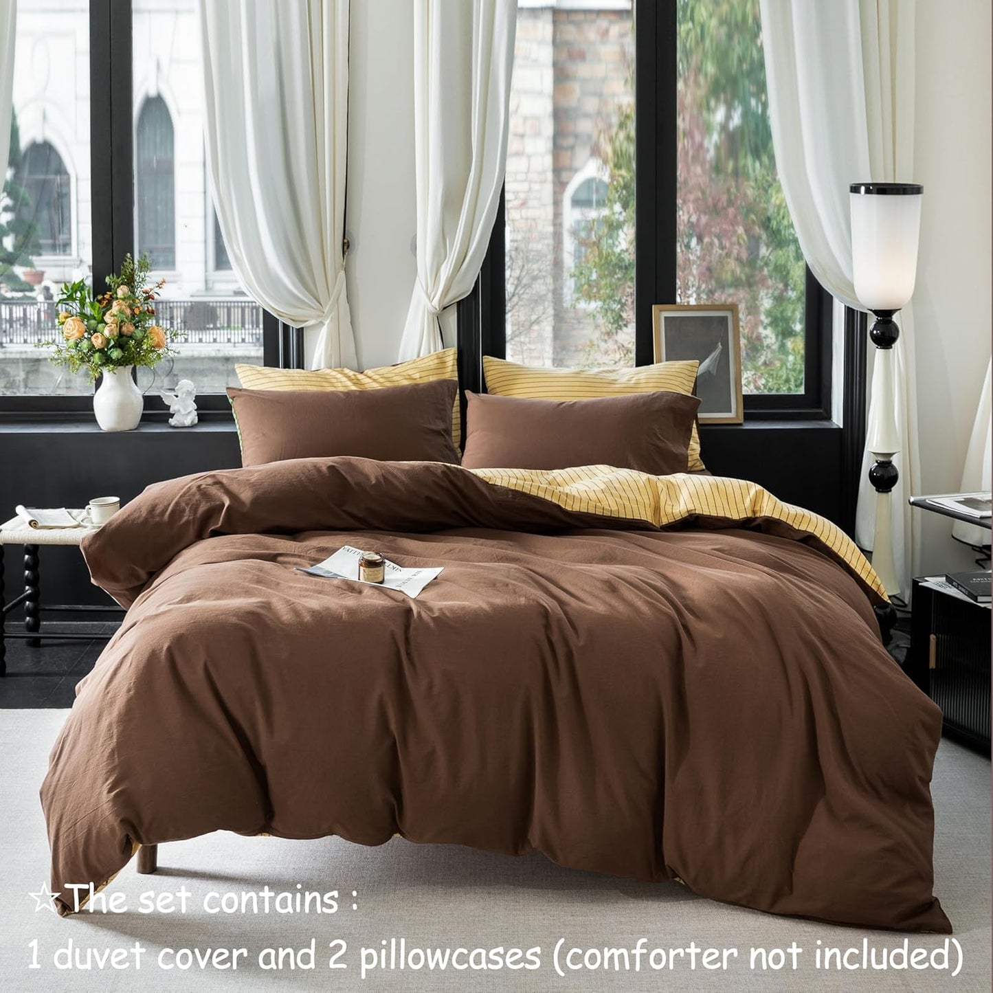 Reversible Duvet Cover Set 100% Washed Cotton Yellow Stripe Linen Feel Duvet Cover King Size with Zipper Closure & 2 Pillow Shams, Yellow/Brown Stripe Reverse Solid Brown