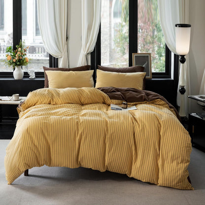 Reversible Duvet Cover Set 100% Washed Cotton Yellow Stripe Linen Feel Duvet Cover King Size with Zipper Closure & 2 Pillow Shams, Yellow/Brown Stripe Reverse Solid Brown