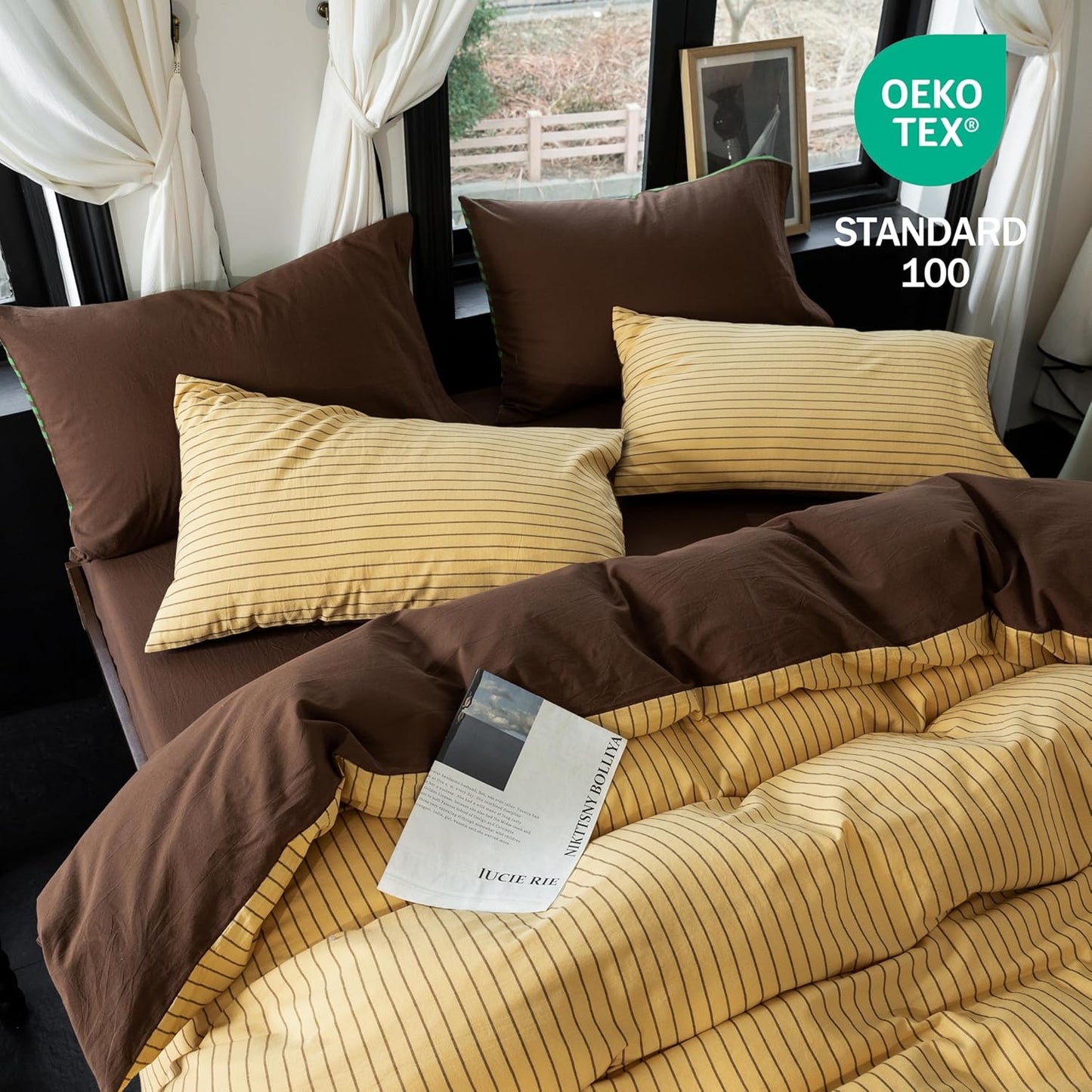 Reversible Duvet Cover Set 100% Washed Cotton Yellow Stripe Linen Feel Duvet Cover King Size with Zipper Closure & 2 Pillow Shams, Yellow/Brown Stripe Reverse Solid Brown