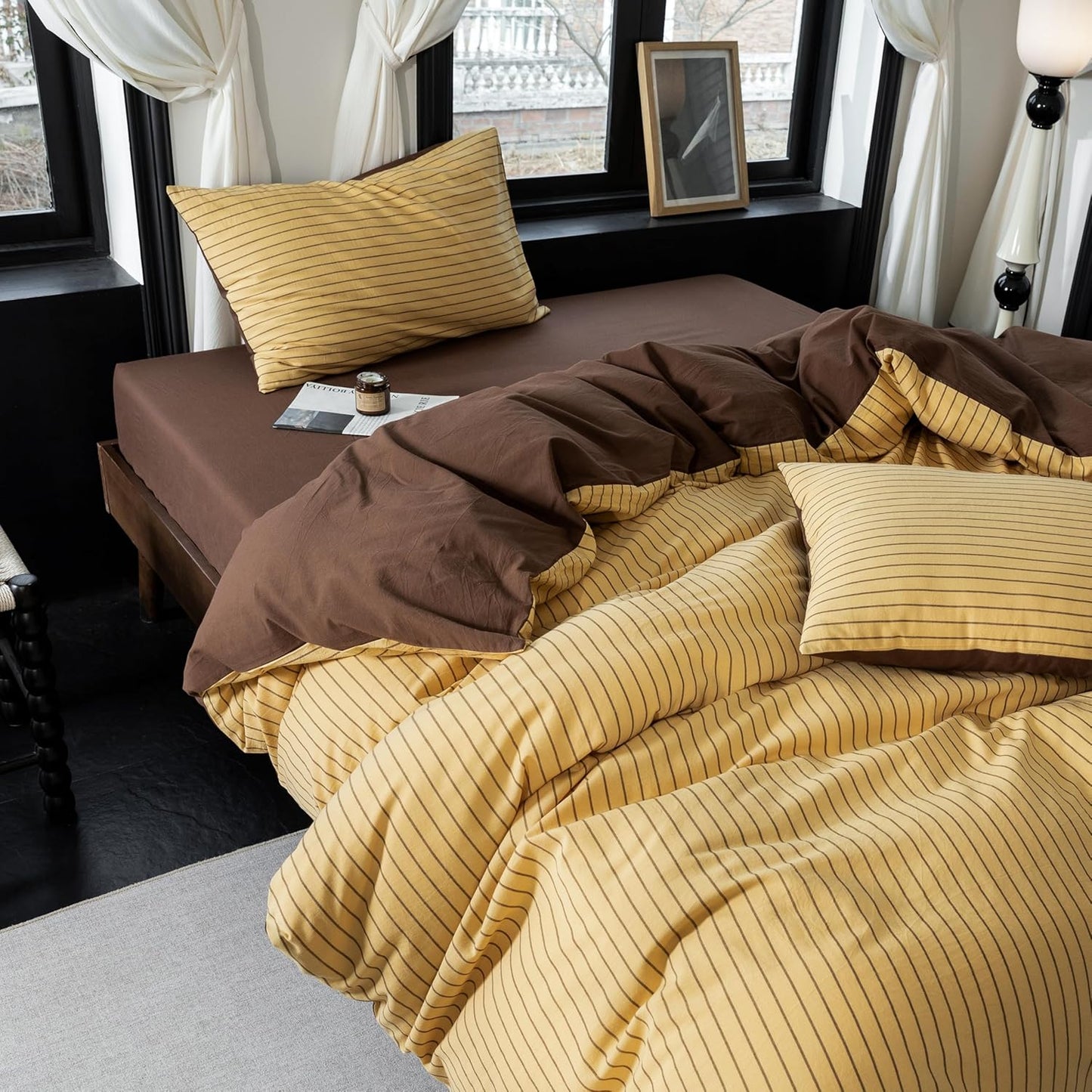 Reversible Duvet Cover Set 100% Washed Cotton Yellow Stripe Linen Feel Duvet Cover King Size with Zipper Closure & 2 Pillow Shams, Yellow/Brown Stripe Reverse Solid Brown