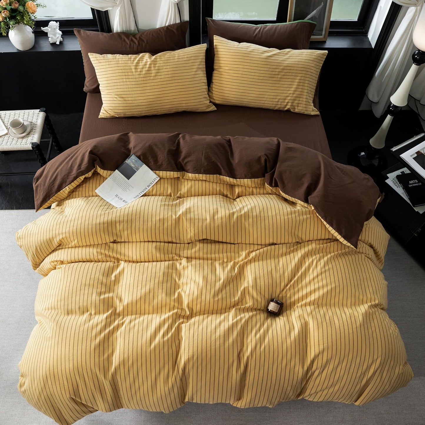 Reversible Duvet Cover Set 100% Washed Cotton Yellow Stripe Linen Feel Duvet Cover King Size with Zipper Closure & 2 Pillow Shams, Yellow/Brown Stripe Reverse Solid Brown