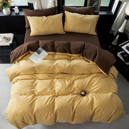 Reversible Duvet Cover Set 100% Washed Cotton Yellow Stripe Linen Feel Duvet Cover King Size with Zipper Closure & 2 Pillow Shams, Yellow/Brown Stripe Reverse Solid Brown