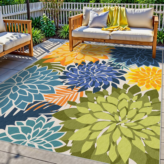 Colorful 5x8 Outdoor Area Rug Washable Multicolored Patio Rug Tropical Botanical Floral Chenille Waterproof Outdoor Carpet for Living Room, Deck, Backyard, Porch, Green