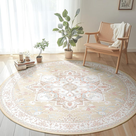 6ft Area Rugs for Living Room Washable Non Slip Carpet Low Pile Soft Vintage Print Pattern Rug for Bedroom Dining Room Kitchen Entryway Indoor-Cream/Light Yellow/Brown/Blue/Red/Pink