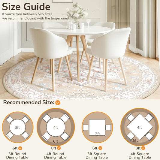 6ft Area Rugs for Living Room Washable Non Slip Carpet Low Pile Soft Vintage Print Pattern Rug for Bedroom Dining Room Kitchen Entryway Indoor-Cream/Light Yellow/Brown/Blue/Red/Pink