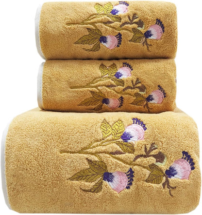 Floral Cluster Bath Towels Set Yellow Butterfly Flower Pattern Towels Super Soft & Absorbent Coral Velvet Bathroom Towels Decorative Hand Towels for Shower Spa Swim(Yellow)