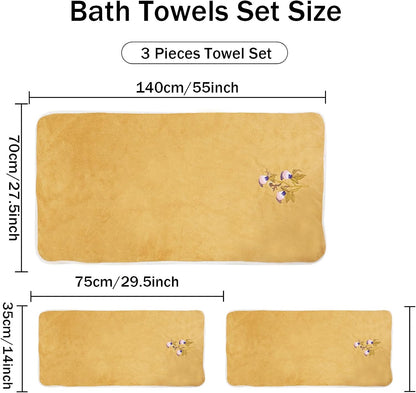Floral Cluster Bath Towels Set Yellow Butterfly Flower Pattern Towels Super Soft & Absorbent Coral Velvet Bathroom Towels Decorative Hand Towels for Shower Spa Swim(Yellow)
