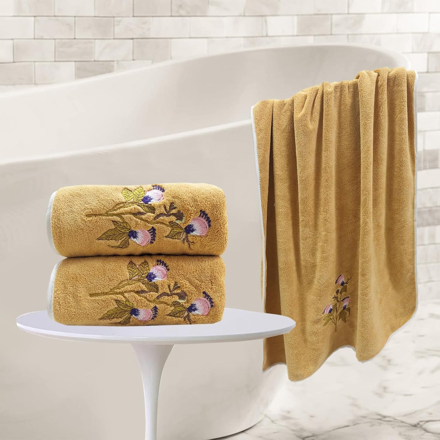 Floral Cluster Bath Towels Set Yellow Butterfly Flower Pattern Towels Super Soft & Absorbent Coral Velvet Bathroom Towels Decorative Hand Towels for Shower Spa Swim(Yellow)