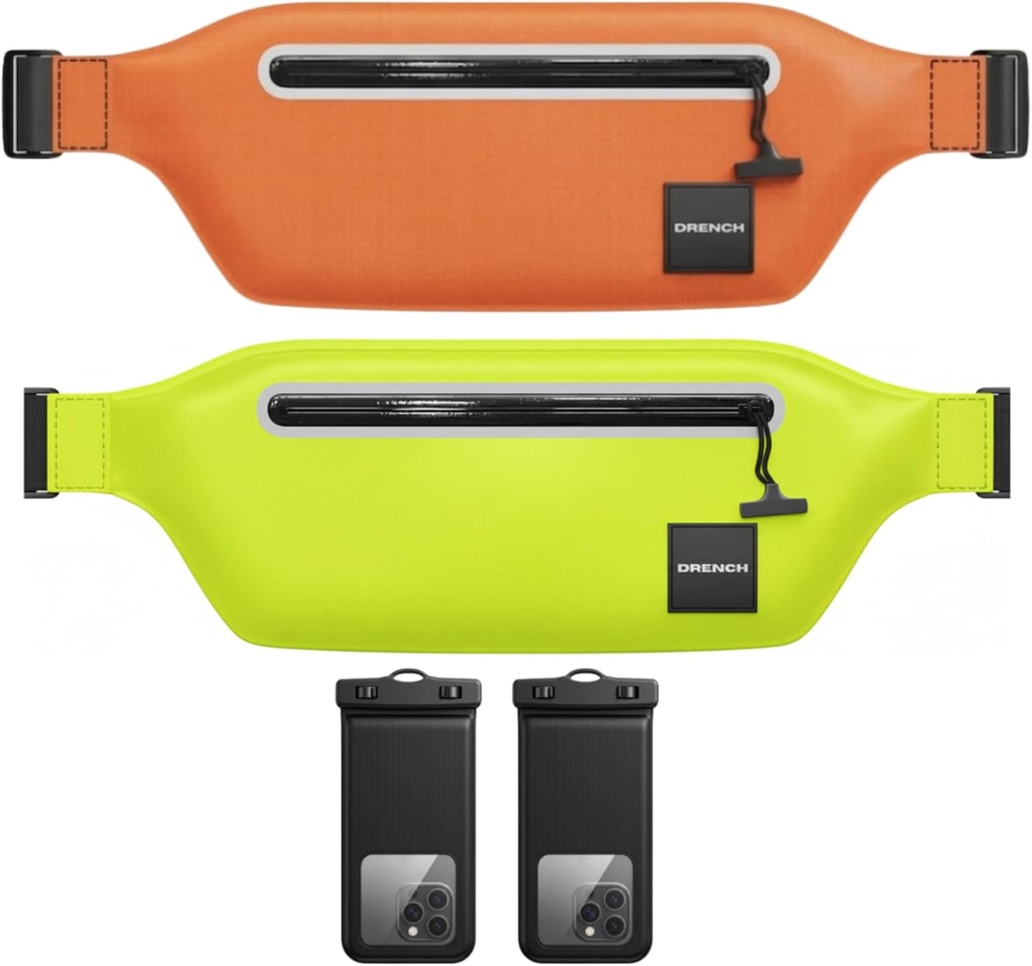 kayaking and paddleboarding gear – Orange + Yellow Waterproof Fanny Pack Bundle, 2 Submersible Phone Pouches + Floating Cases