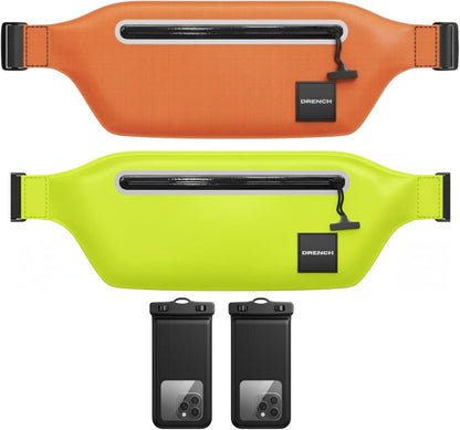 kayaking and paddleboarding gear – Orange + Yellow Waterproof Fanny Pack Bundle, 2 Submersible Phone Pouches + Floating Cases