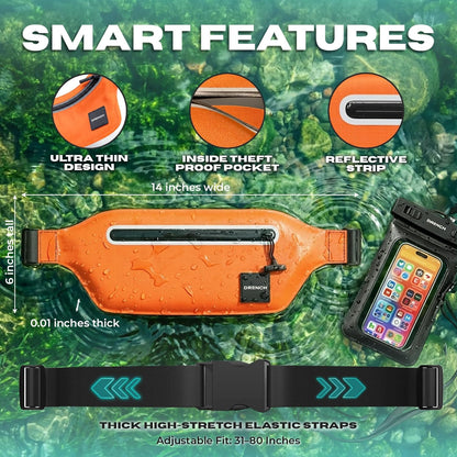 kayaking and paddleboarding gear – Orange + Yellow Waterproof Fanny Pack Bundle, 2 Submersible Phone Pouches + Floating Cases