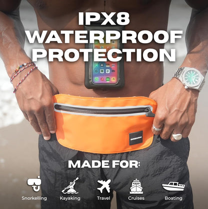 kayaking and paddleboarding gear – Orange + Yellow Waterproof Fanny Pack Bundle, 2 Submersible Phone Pouches + Floating Cases