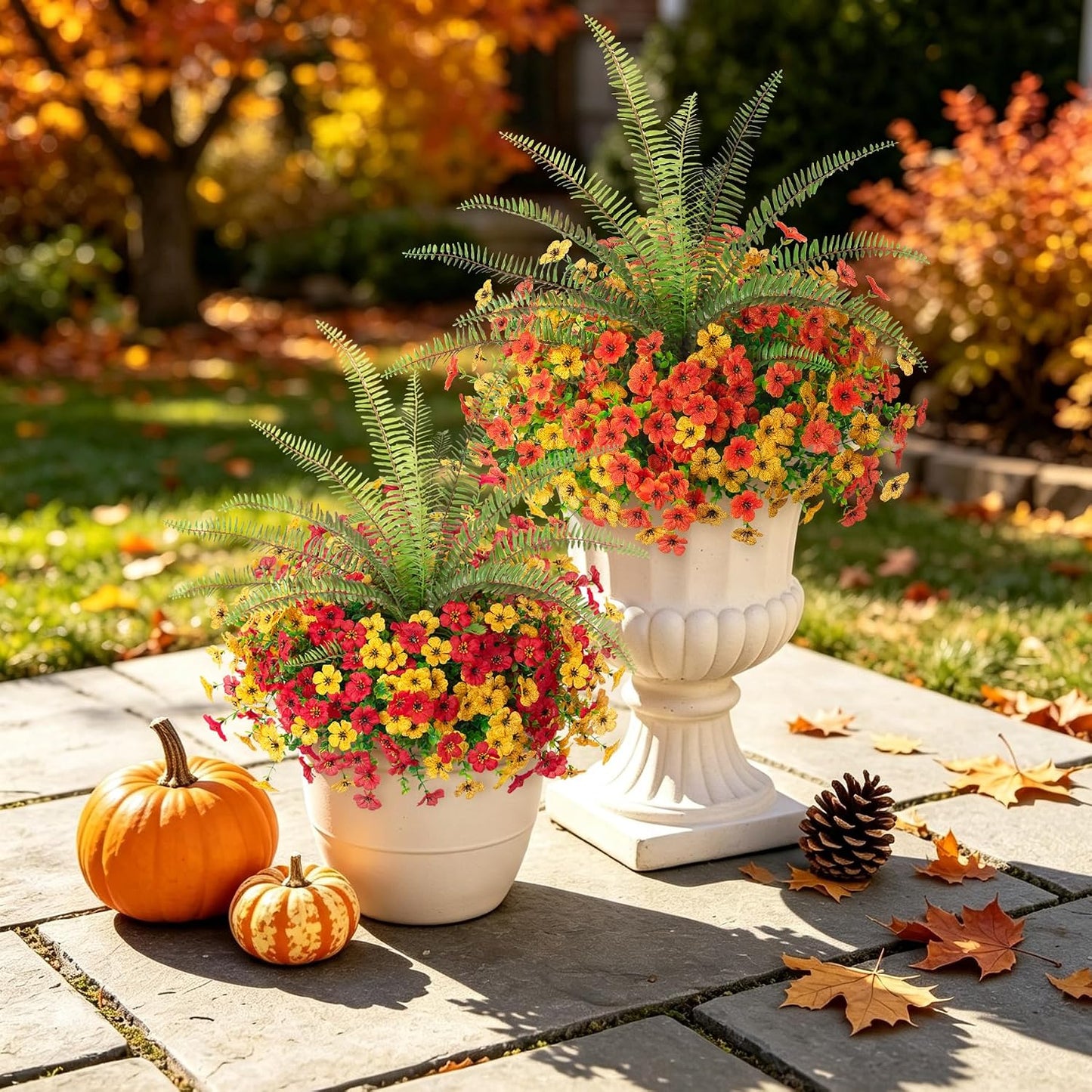 INQCMY Artificial Daisy Fall Flowers Fake Plants for Outdoors Decoration | 12 Bundles UV Resistant Silk Flowers with Faux Tall Fern Realistic No Fade Plants for Outside Planter Yard Patio Garden