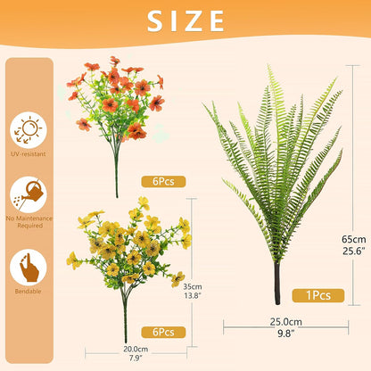 INQCMY Artificial Daisy Fall Flowers Fake Plants for Outdoors Decoration | 12 Bundles UV Resistant Silk Flowers with Faux Tall Fern Realistic No Fade Plants for Outside Planter Yard Patio Garden