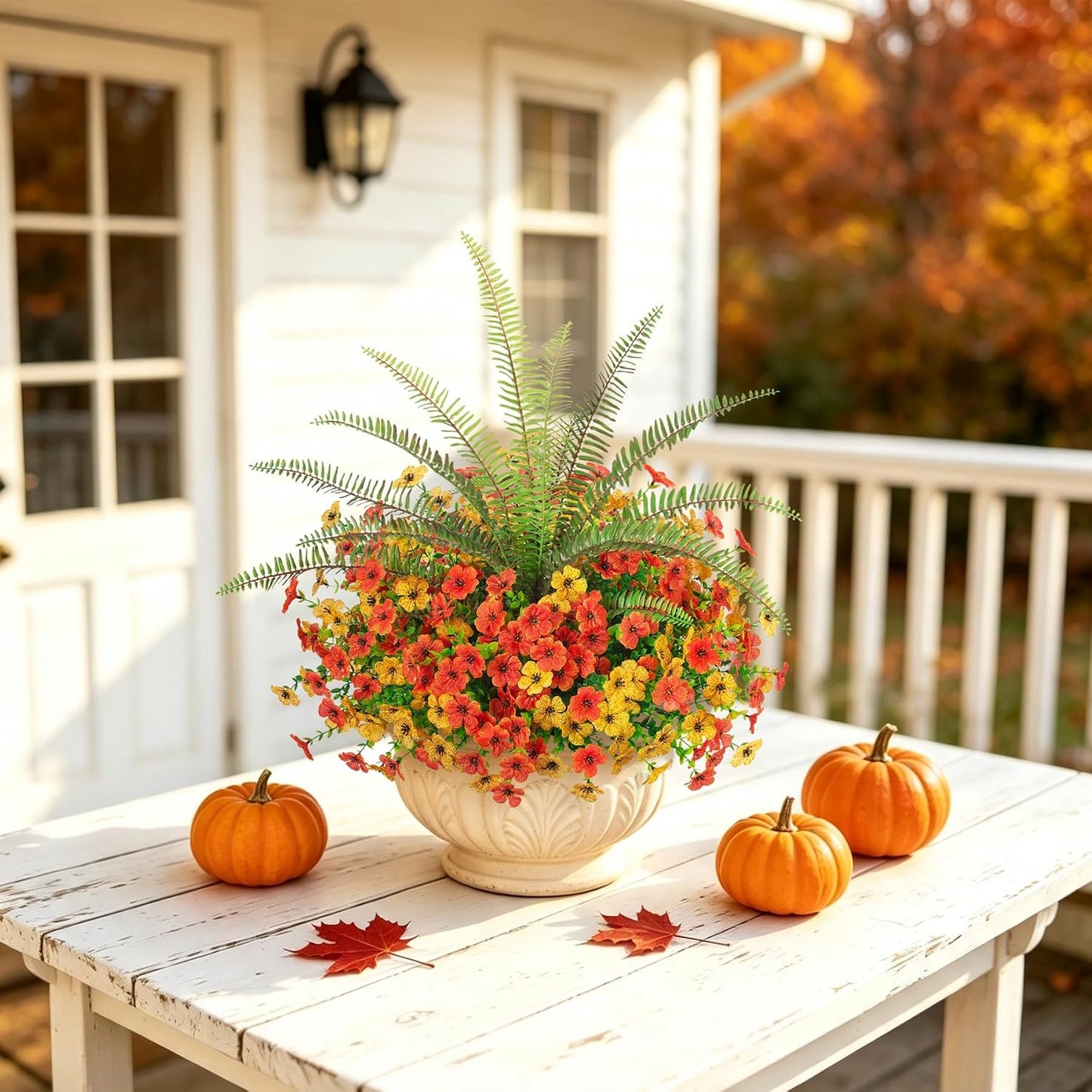 INQCMY Artificial Daisy Fall Flowers Fake Plants for Outdoors Decoration | 12 Bundles UV Resistant Silk Flowers with Faux Tall Fern Realistic No Fade Plants for Outside Planter Yard Patio Garden