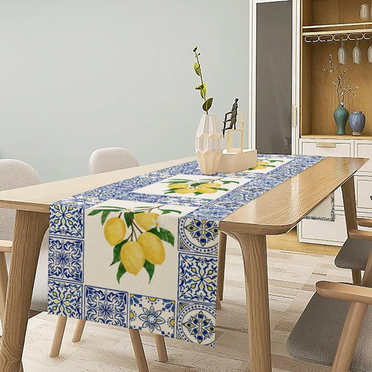 Yellow Lemon Table Runner, Blue Tiles Summer Holiday Tasty Fruit Healthy Fruit Vintage Watercolor Rustic Botanic Table Cover for Party Picnic Dining Room Kitchen, 13x36inch