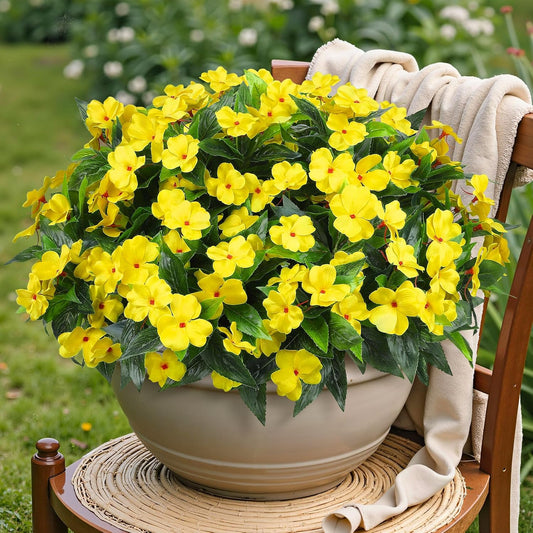 6 Bundles Artificial Impatiens Flowers for Outdoors, Yellow | Realistic silk flowers bouquet, UV resistant, for garden porch balcony window box planter indoor outdoor home decoration
