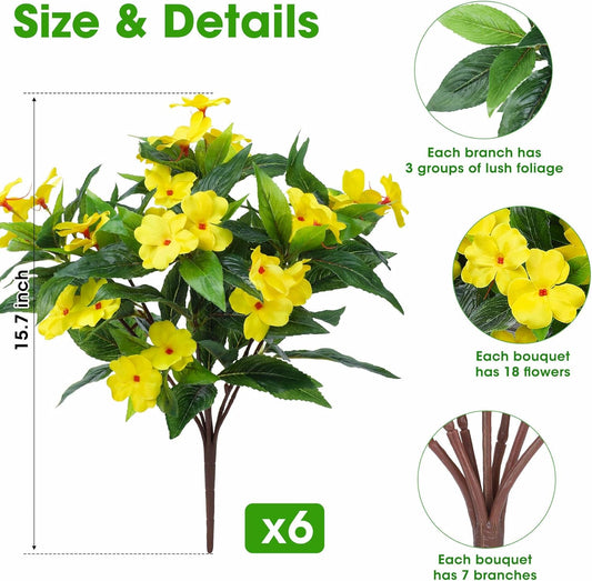 6 Bundles Artificial Impatiens Flowers for Outdoors, Yellow | Realistic silk flowers bouquet, UV resistant, for garden porch balcony window box planter indoor outdoor home decoration