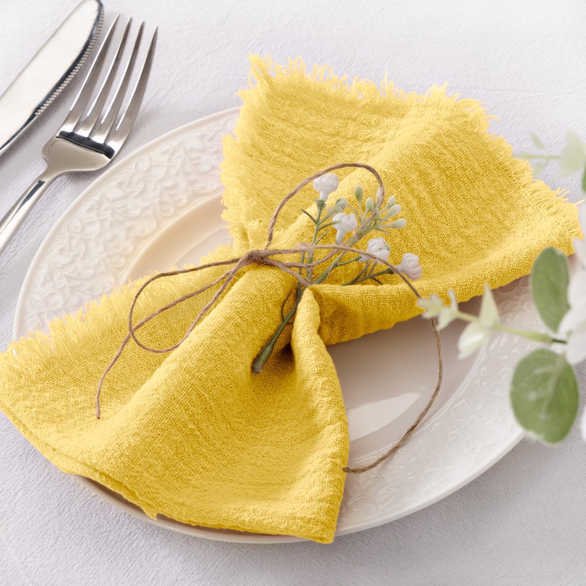 Set of 6 Linen Napkins Yellow Easter Spring Cloth Napkins Washable Cotton Dinner Napkins Fringe 17"x17" for Wedding Party Bridal Baby Shower Birthday Table Decorations
