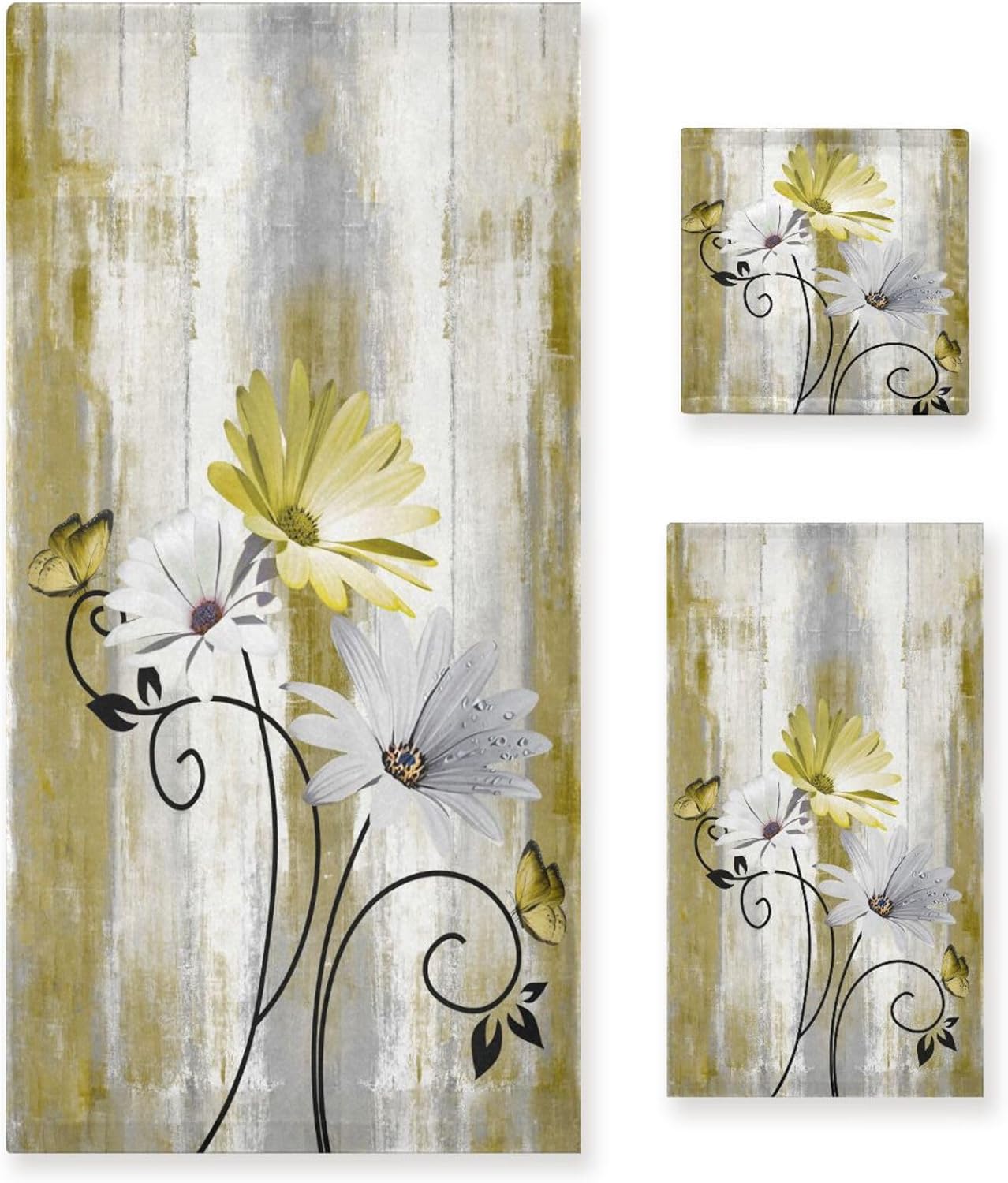 Yellow White Daisy Bath Towels Set,3 Piece Soft Rustic Butterfly Flower Towel Set,1 Bath Towel 1 Hand Towel 1 Washcloth,Absorbent Country Wooden Decorative Bathroom Towels for Kitchen Shower