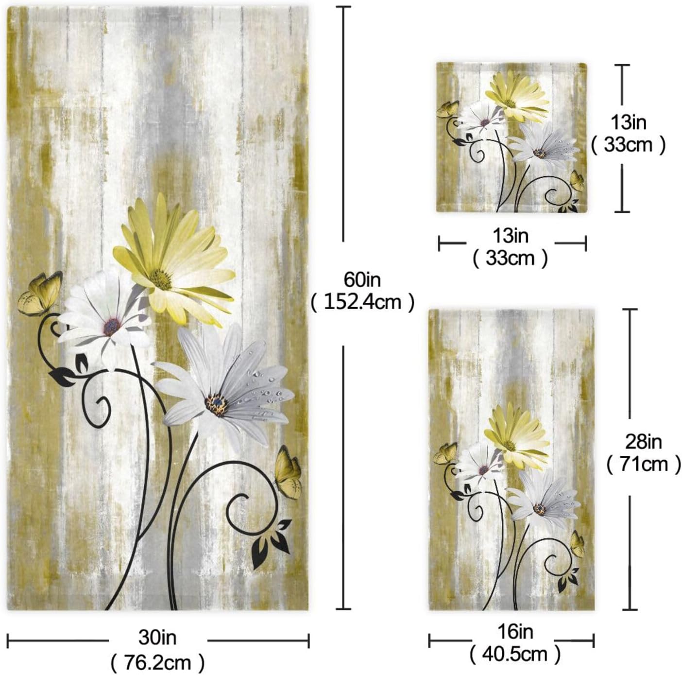 Yellow White Daisy Bath Towels Set,3 Piece Soft Rustic Butterfly Flower Towel Set,1 Bath Towel 1 Hand Towel 1 Washcloth,Absorbent Country Wooden Decorative Bathroom Towels for Kitchen Shower