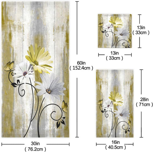 Yellow White Daisy Bath Towels Set,3 Piece Soft Rustic Butterfly Flower Towel Set,1 Bath Towel 1 Hand Towel 1 Washcloth,Absorbent Country Wooden Decorative Bathroom Towels for Kitchen Shower