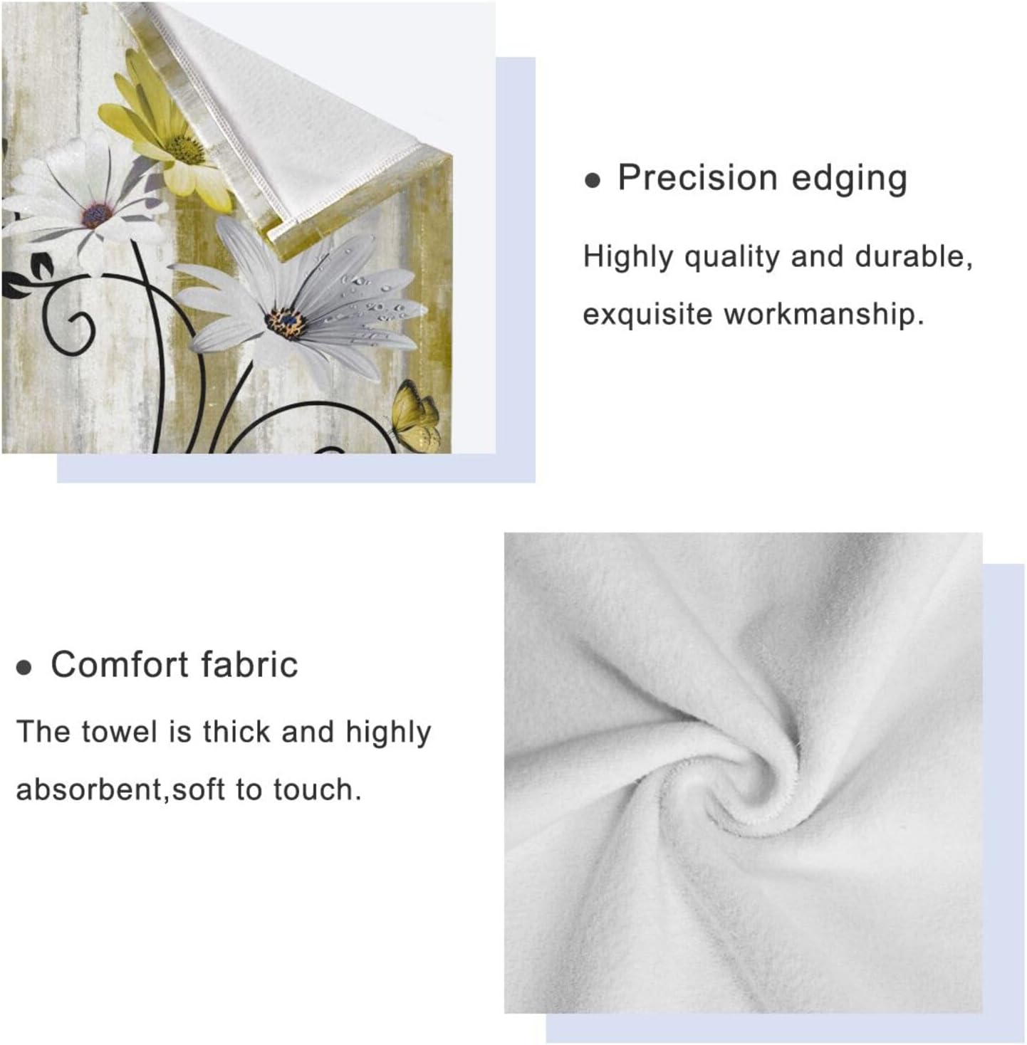 Yellow White Daisy Bath Towels Set,3 Piece Soft Rustic Butterfly Flower Towel Set,1 Bath Towel 1 Hand Towel 1 Washcloth,Absorbent Country Wooden Decorative Bathroom Towels for Kitchen Shower