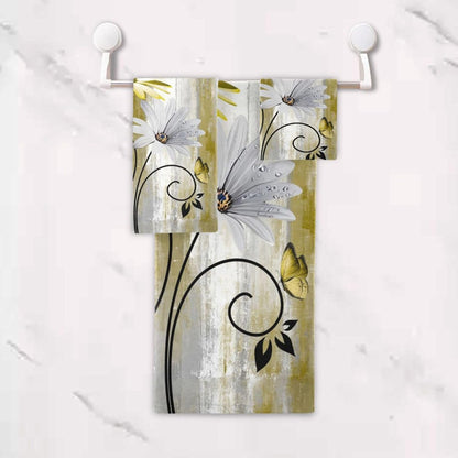 Yellow White Daisy Bath Towels Set,3 Piece Soft Rustic Butterfly Flower Towel Set,1 Bath Towel 1 Hand Towel 1 Washcloth,Absorbent Country Wooden Decorative Bathroom Towels for Kitchen Shower
