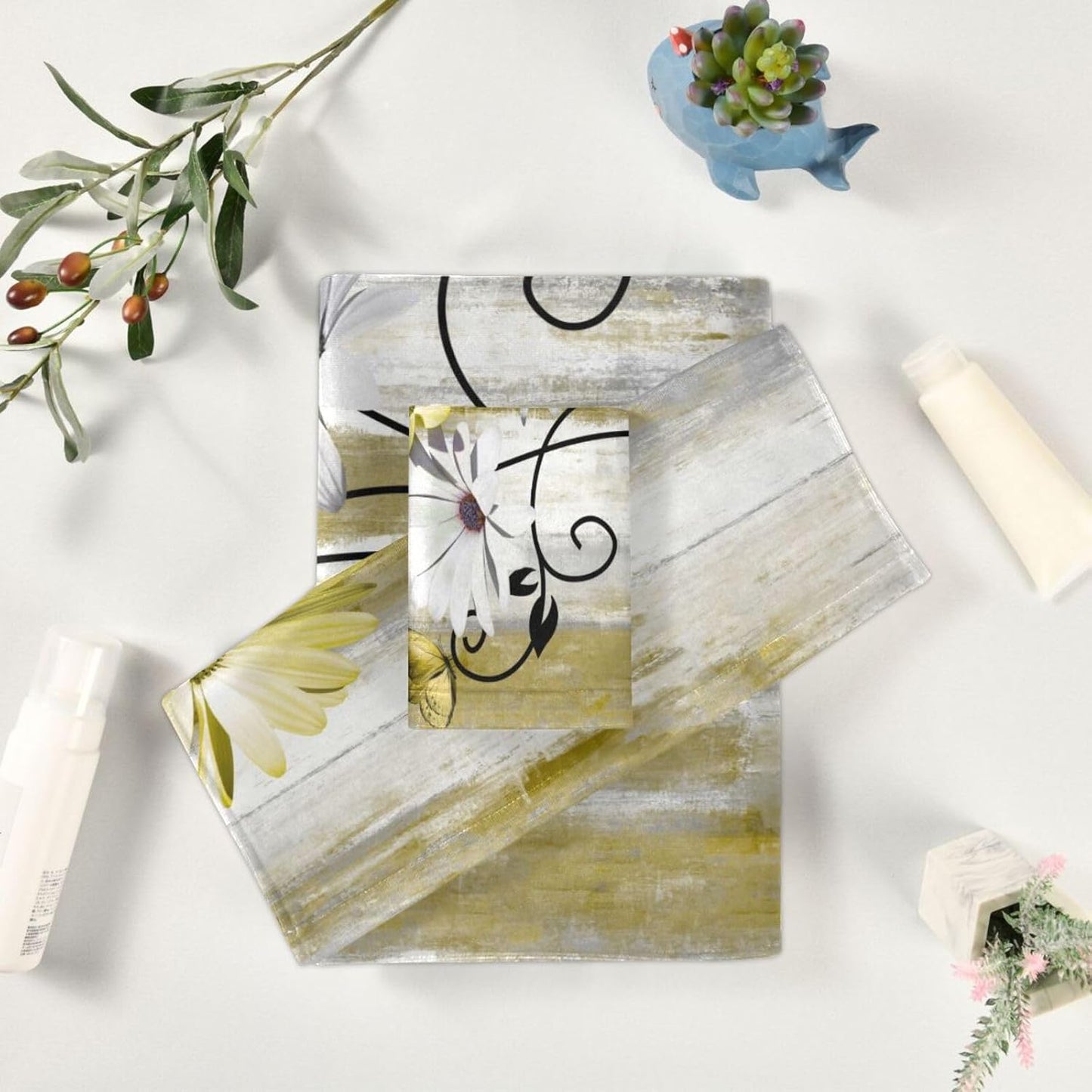 Yellow White Daisy Bath Towels Set,3 Piece Soft Rustic Butterfly Flower Towel Set,1 Bath Towel 1 Hand Towel 1 Washcloth,Absorbent Country Wooden Decorative Bathroom Towels for Kitchen Shower