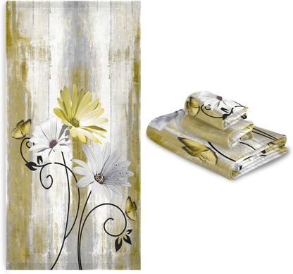 Yellow White Daisy Bath Towels Set,3 Piece Soft Rustic Butterfly Flower Towel Set,1 Bath Towel 1 Hand Towel 1 Washcloth,Absorbent Country Wooden Decorative Bathroom Towels for Kitchen Shower