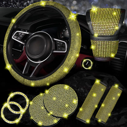 8 pcs Yellow Bling Car Accessories Set for Women, Steering Wheel Cover, Sparkly Seat Belt Covers, Bling Gear Shift Cover, Universal Fit Most Cars (Yellow Diamond)