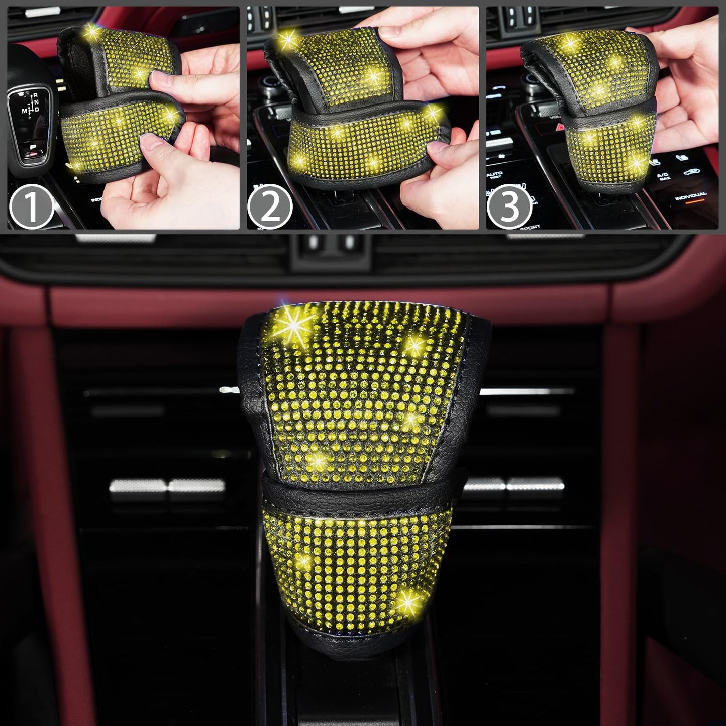 8 pcs Yellow Bling Car Accessories Set for Women, Steering Wheel Cover, Sparkly Seat Belt Covers, Bling Gear Shift Cover, Universal Fit Most Cars (Yellow Diamond)