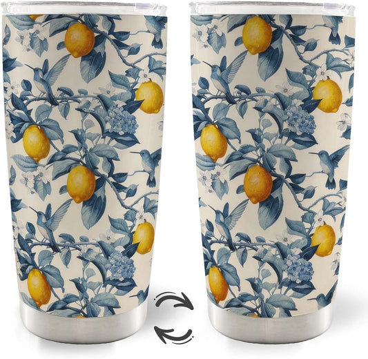 Blue Floral Hummingbird Lemon 20oz Travel Coffee Mug Tumbler, Lemon Themed Gifts for Women, Cottagecore Flower Botanical Stainless Steel Tumbler with Lid and Straw