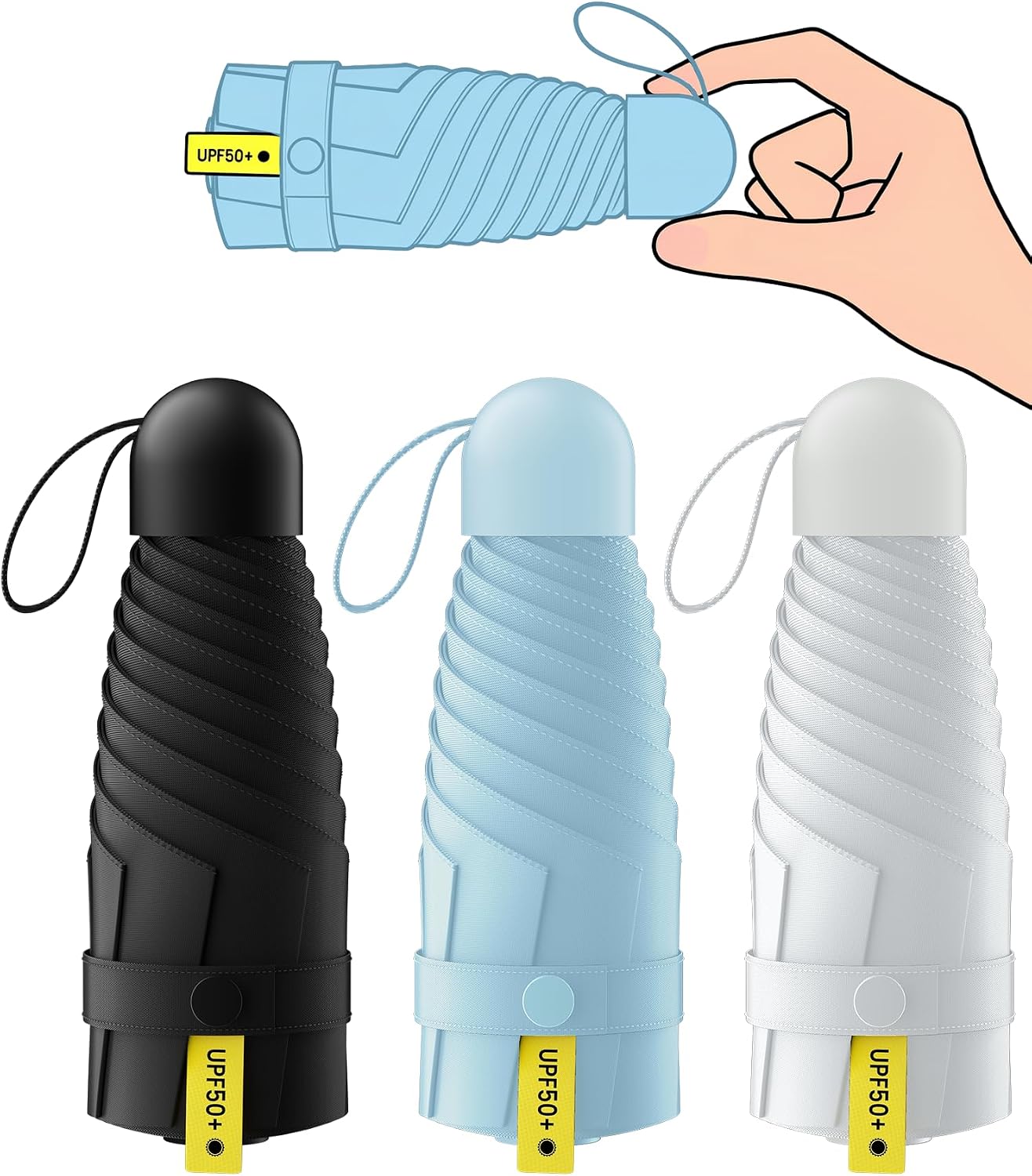 3 Pack Mini Travel Folding Umbrella,UPF 50+ UV Compact Portable Sun | Rainproof & Pocket-Friendly Size, Lightweight to Fit Backpacks, Handbags & Pockets, Perfect for Kids, Women & Men