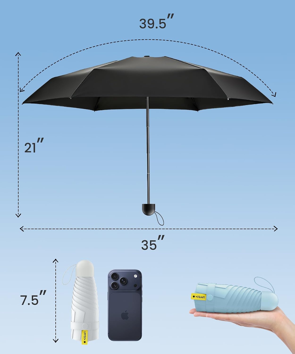 3 Pack Mini Travel Folding Umbrella,UPF 50+ UV Compact Portable Sun | Rainproof & Pocket-Friendly Size, Lightweight to Fit Backpacks, Handbags & Pockets, Perfect for Kids, Women & Men