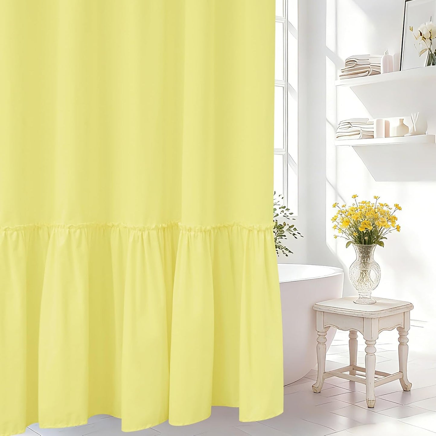 Bright Yellow Ruffle Shower Curtain with Waterproof TPU Backed, Soft Microfiber French Country Ruched Shower Curtain, 72 x 72 Inch Bathroom 2 in 1 Washable Fabric Shower Curtain with TPU Lining
