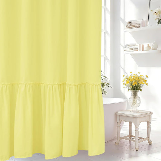 Bright Yellow Ruffle Shower Curtain with Waterproof TPU Backed, Soft Microfiber French Country Ruched Shower Curtain, 72 x 72 Inch Bathroom 2 in 1 Washable Fabric Shower Curtain with TPU Lining