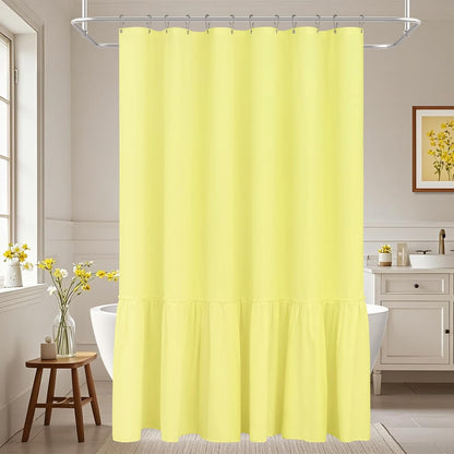 Bright Yellow Ruffle Shower Curtain with Waterproof TPU Backed, Soft Microfiber French Country Ruched Shower Curtain, 72 x 72 Inch Bathroom 2 in 1 Washable Fabric Shower Curtain with TPU Lining
