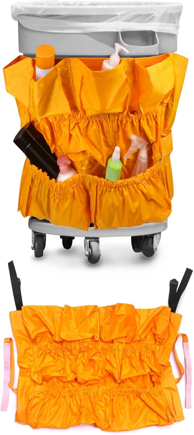 Trash Can Caddy Bag, 2 Pack 10 Pockets Commercial Cleaning Caddy Bag, Fit 32-50 Gallon Can, Round Trash Bag Holder, Garbage Bin Caddy Organizer, Yellow