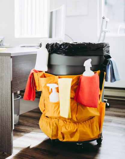 Trash Can Caddy Bag, 2 Pack 10 Pockets Commercial Cleaning Caddy Bag, Fit 32-50 Gallon Can, Round Trash Bag Holder, Garbage Bin Caddy Organizer, Yellow