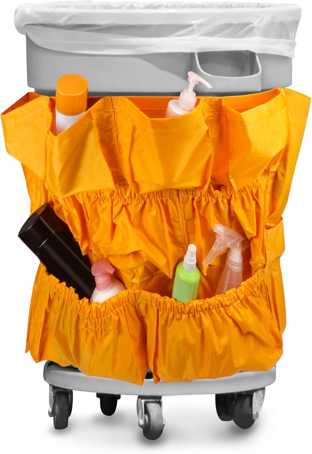 Trash Can Caddy Bag, 2 Pack 10 Pockets Commercial Cleaning Caddy Bag, Fit 32-50 Gallon Can, Round Trash Bag Holder, Garbage Bin Caddy Organizer, Yellow
