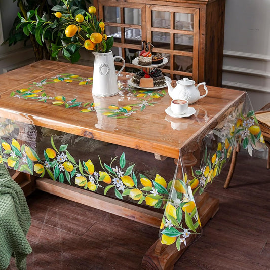 Clear Table Cover Protector Vinyl PVC Rectangle Table Cloth with Floral Print Pattern Oil Proof Wipe-able Plastic Tablecloths for Dining Tables Parties Holidays (Lemon, 60 x 84 Inches)