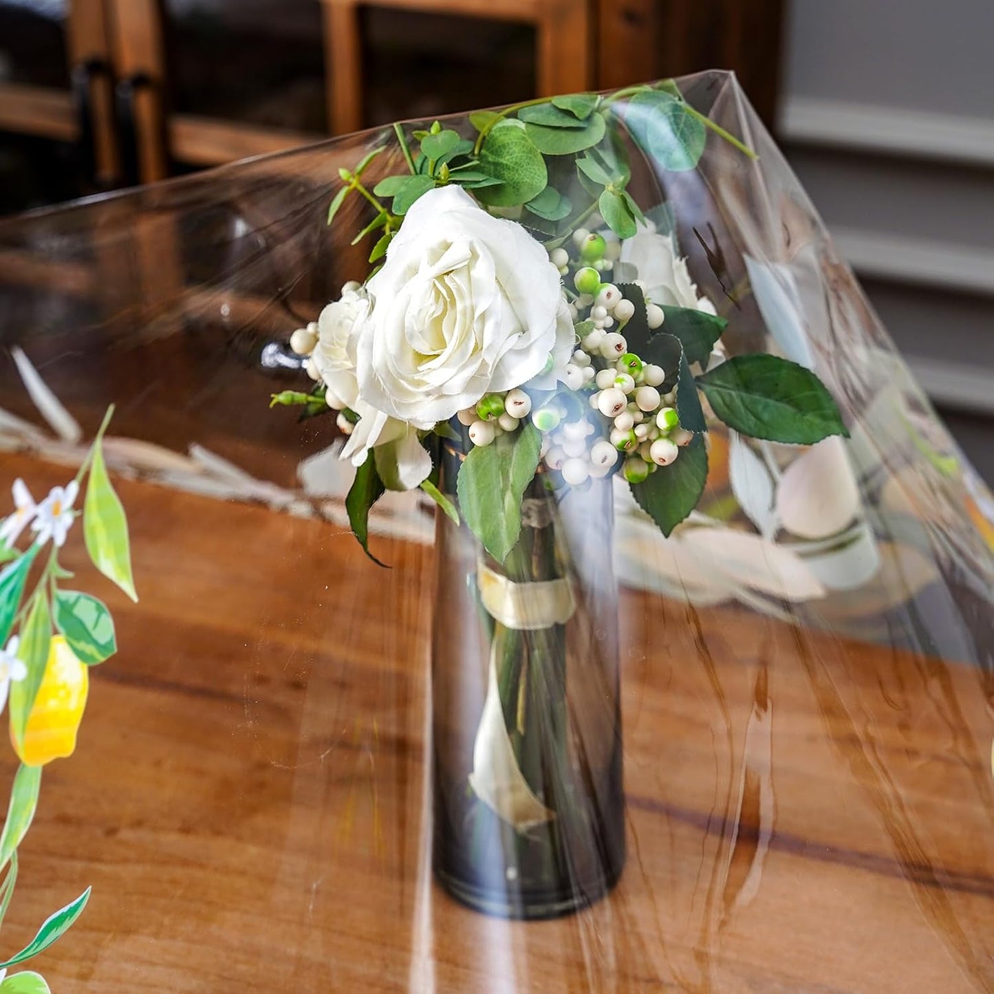 Clear Table Cover Protector Vinyl PVC Rectangle Table Cloth with Floral Print Pattern Oil Proof Wipe-able Plastic Tablecloths for Dining Tables Parties Holidays (Lemon, 60 x 84 Inches)
