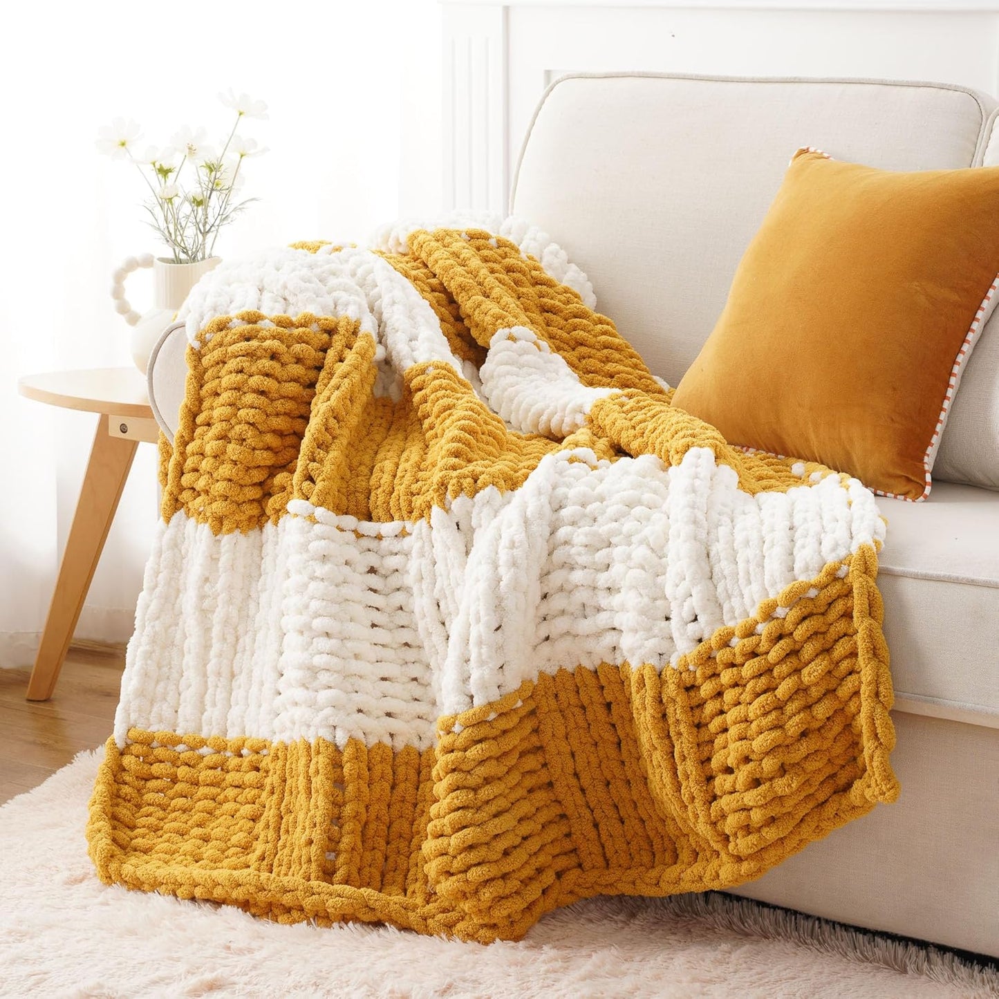 Battilo Mustard Yellow Chunky Knit Throw Blanket, Soft and Thick Chenille Throw Blanket, 50"x60" Handmade Cable Knit Crochet Blanket, Knot Knitted Throw Blankets for Couch Home Decor, Yellow & White