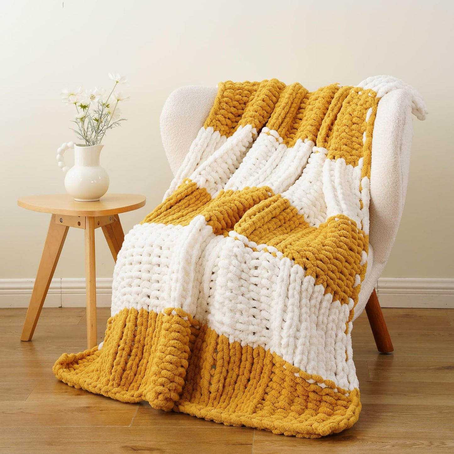 Battilo Mustard Yellow Chunky Knit Throw Blanket, Soft and Thick Chenille Throw Blanket, 50"x60" Handmade Cable Knit Crochet Blanket, Knot Knitted Throw Blankets for Couch Home Decor, Yellow & White