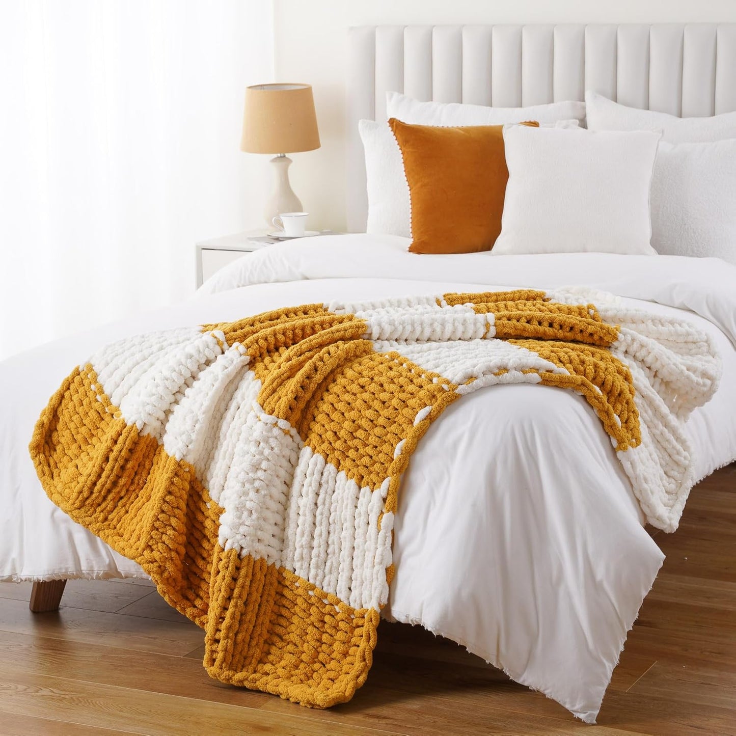 Battilo Mustard Yellow Chunky Knit Throw Blanket, Soft and Thick Chenille Throw Blanket, 50"x60" Handmade Cable Knit Crochet Blanket, Knot Knitted Throw Blankets for Couch Home Decor, Yellow & White