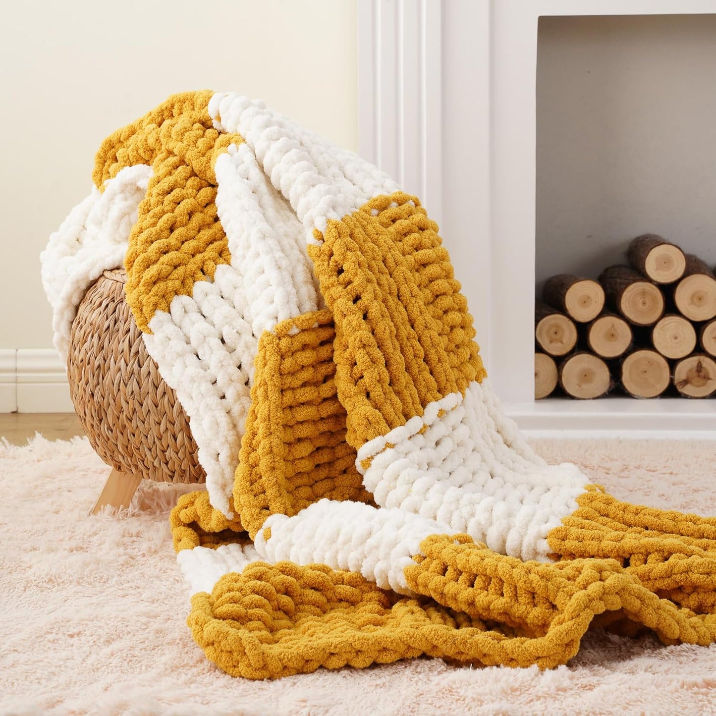 Battilo Mustard Yellow Chunky Knit Throw Blanket, Soft and Thick Chenille Throw Blanket, 50"x60" Handmade Cable Knit Crochet Blanket, Knot Knitted Throw Blankets for Couch Home Decor, Yellow & White